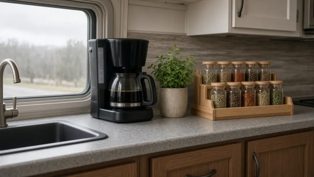 An RV kitchen counter with a coffee maker, a plant, and a neatly organized spice rack