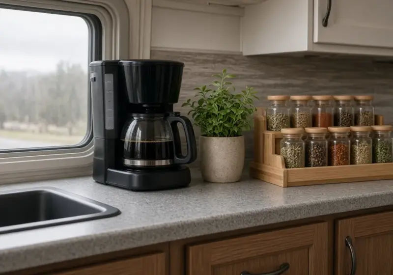 An RV kitchen counter with a coffee maker, a plant, and a neatly organized spice rack