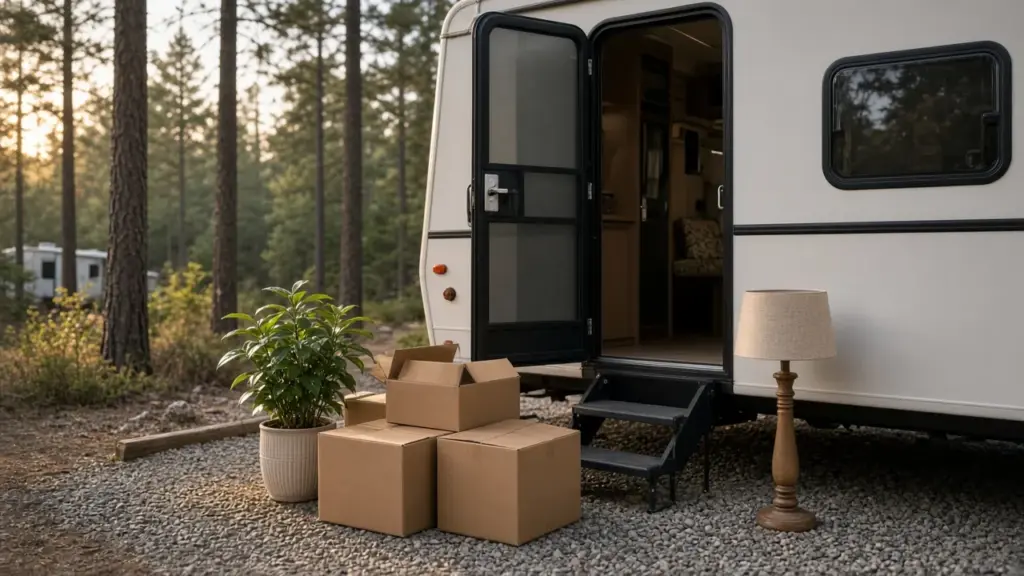Half-empty moving boxes and a few kept household items arranged beside the open door of a travel trailer