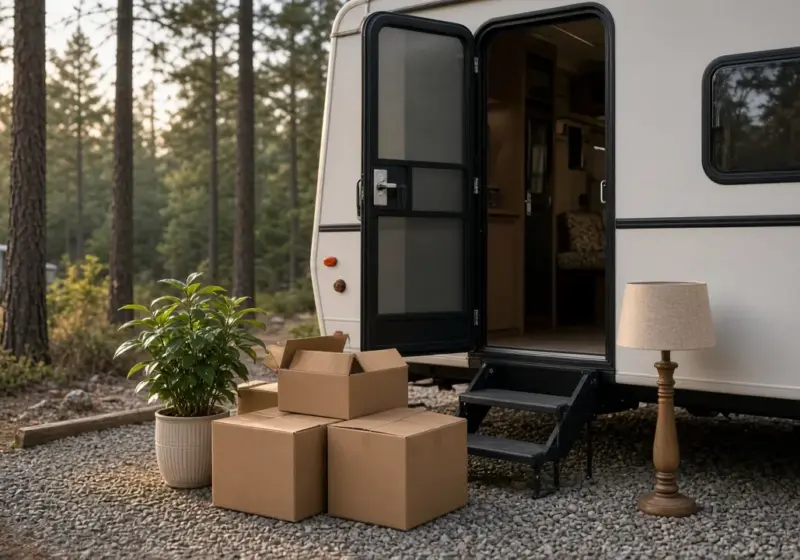 Half-empty moving boxes and a few kept household items arranged beside the open door of a travel trailer