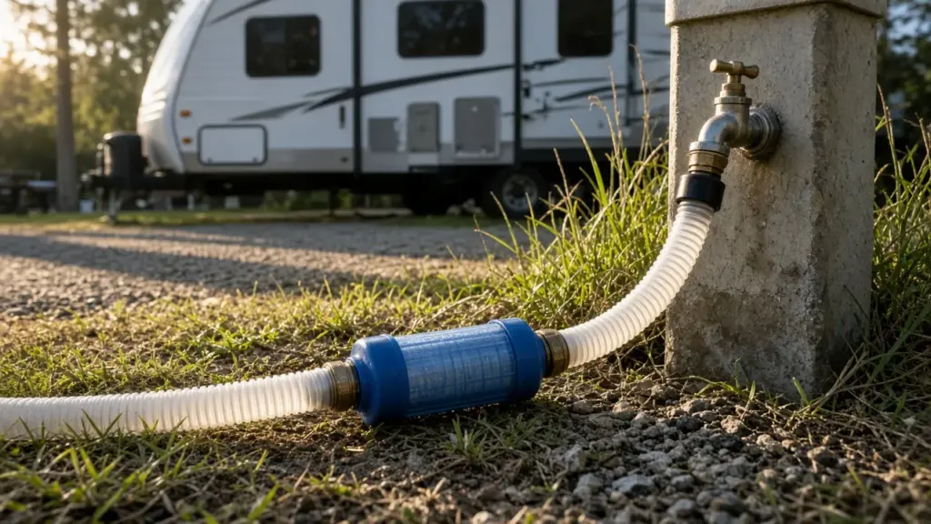 A white drinking water hose with an inline filter connected to a spigot