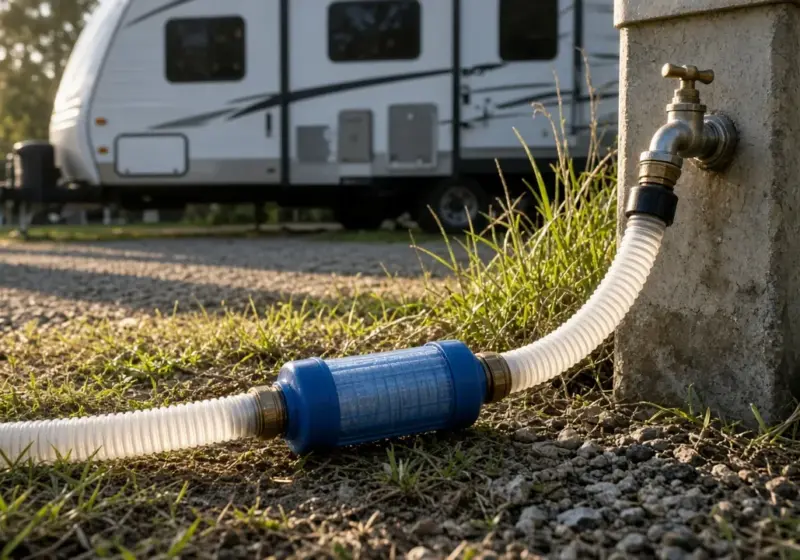 A white drinking water hose with an inline filter connected to a spigot