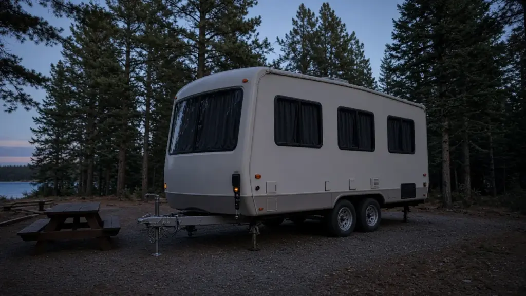 An RV with blackout curtains drawn in early morning darkness