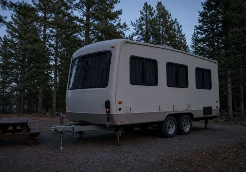 An RV with blackout curtains drawn in early morning darkness