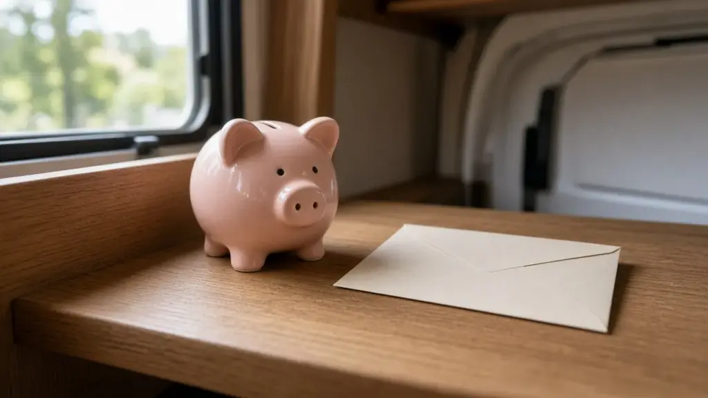 A piggy bank and an envelope on an RV shelf