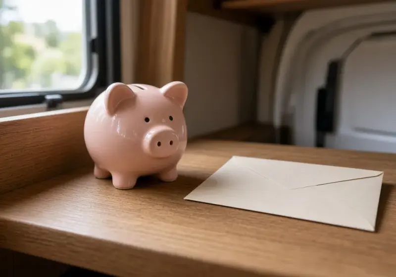 A piggy bank and an envelope on an RV shelf