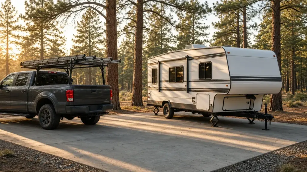 A work truck parked beside a travel trailer at an RV site in early light