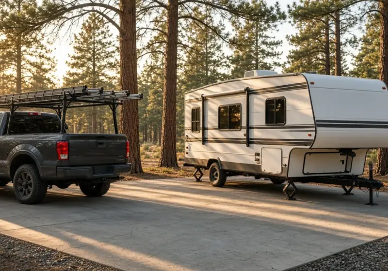A work truck parked beside a travel trailer at an RV site in early light