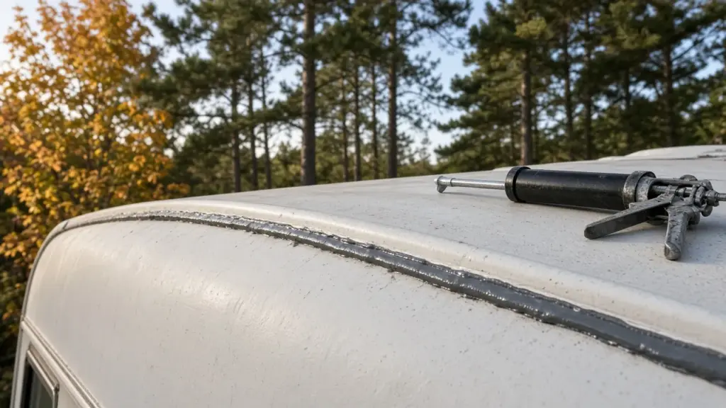 An RV roof being resealed with a caulk gun lying on the roof in autumn light