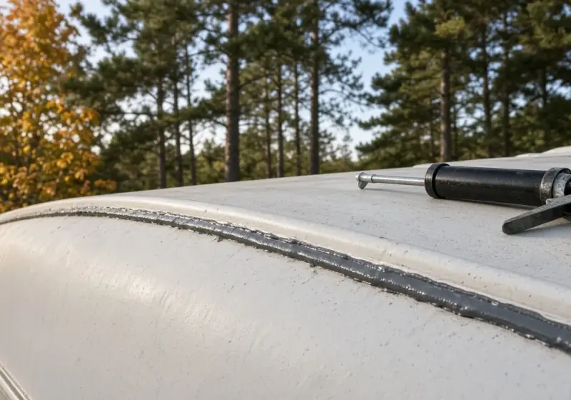 An RV roof being resealed with a caulk gun lying on the roof in autumn light