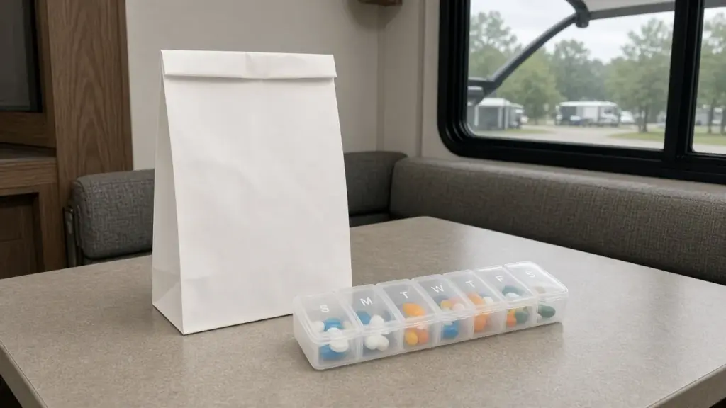 A pharmacy bag and a pill organizer on an RV table