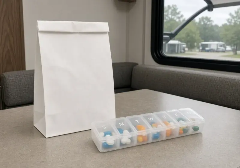 A pharmacy bag and a pill organizer on an RV table