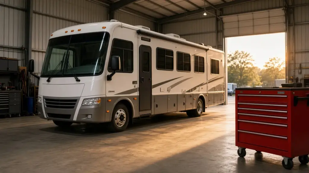 An RV service bay with a motorhome parked inside and tools on a rolling cart