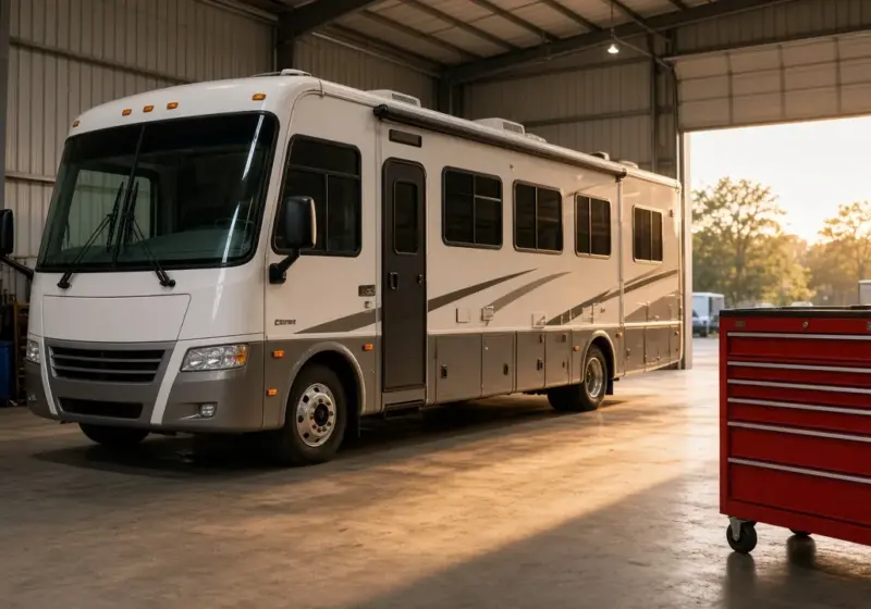 An RV service bay with a motorhome parked inside and tools on a rolling cart