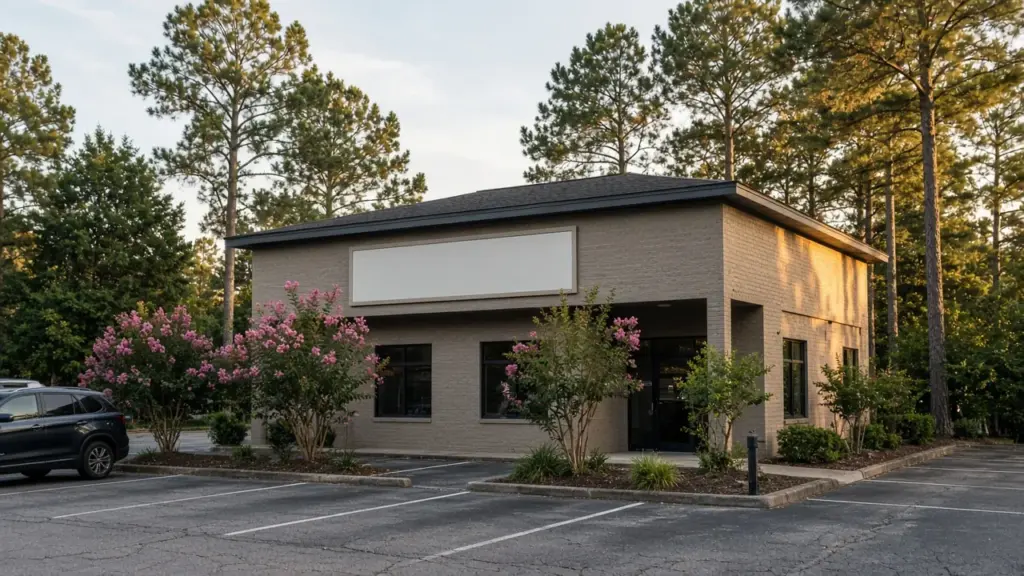 A veterinary clinic exterior with a small parking lot