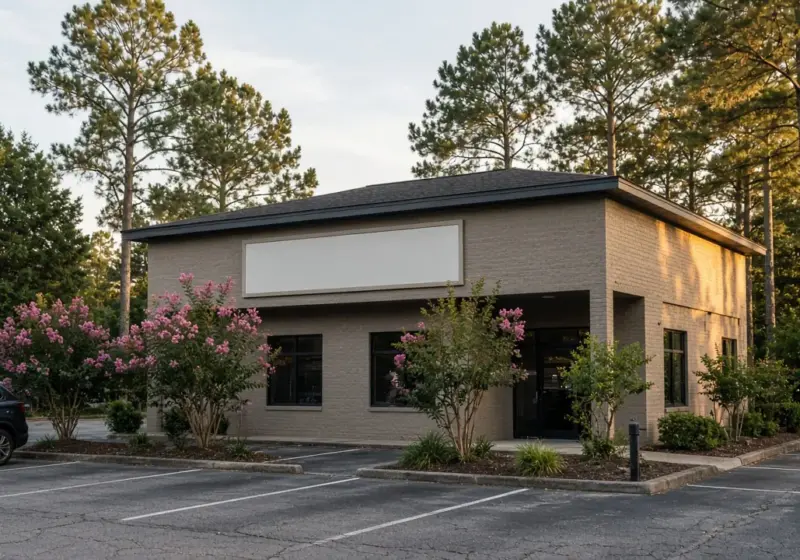 A veterinary clinic exterior with a small parking lot