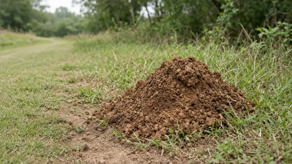 A fire ant mound beside a grass path