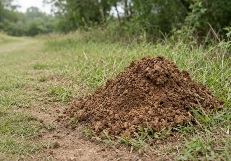 A fire ant mound beside a grass path