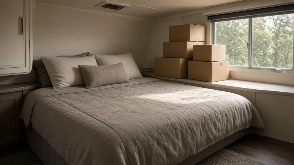 An RV interior with a made bed, unpacked boxes stacked neatly, and morning light through the window