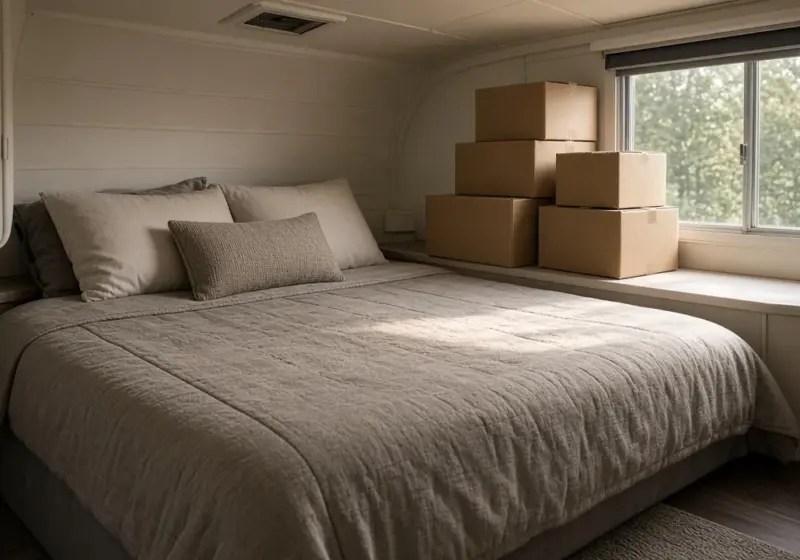 An RV interior with a made bed, unpacked boxes stacked neatly, and morning light through the window