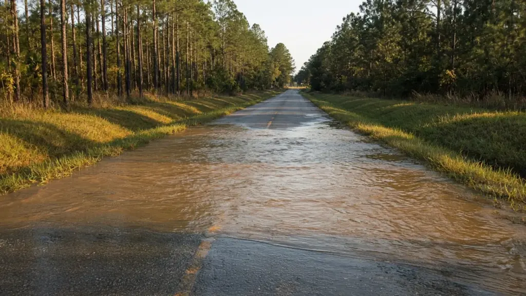 A flooded rural road with water crossing the pavement