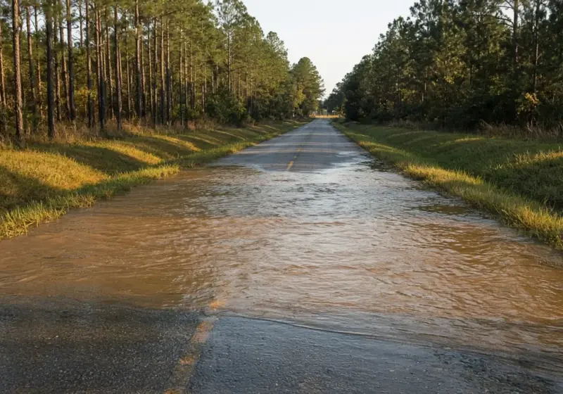 A flooded rural road with water crossing the pavement