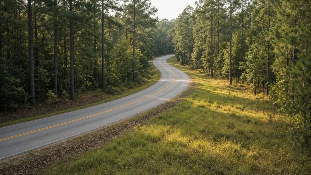 A two-lane farm road curving through pine country with a wide grassy shoulder