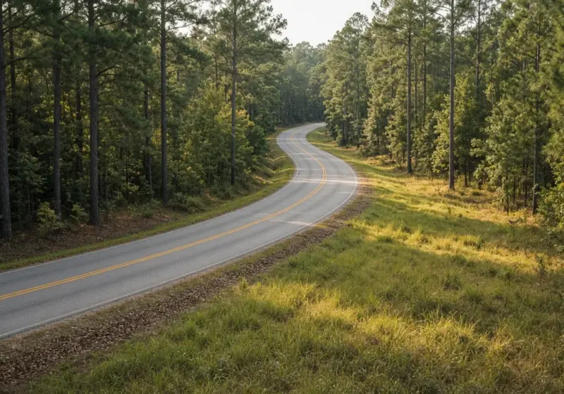A two-lane farm road curving through pine country with a wide grassy shoulder