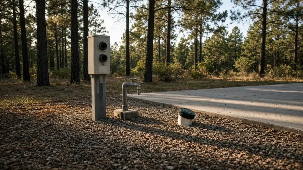 An RV site with power, water, and sewer hookups in a row