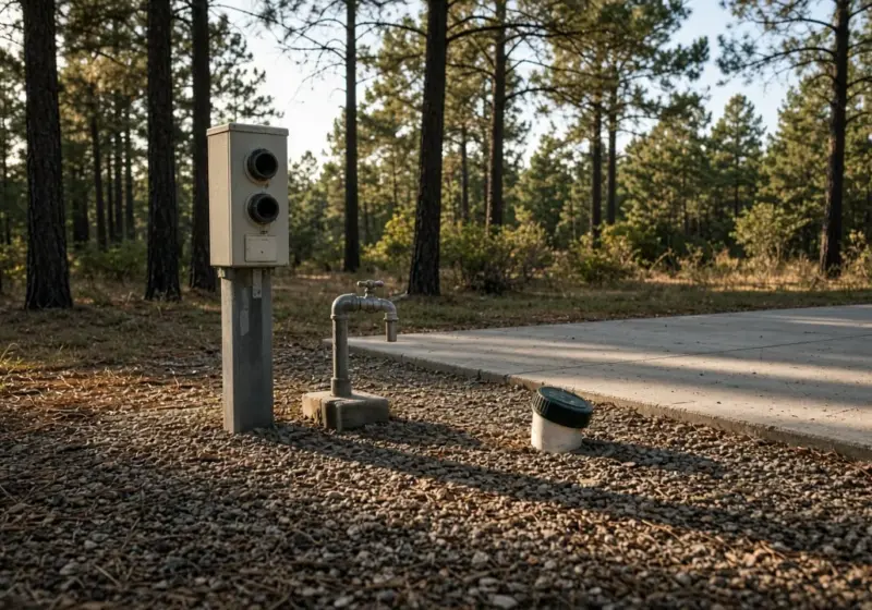 An RV site with power, water, and sewer hookups in a row