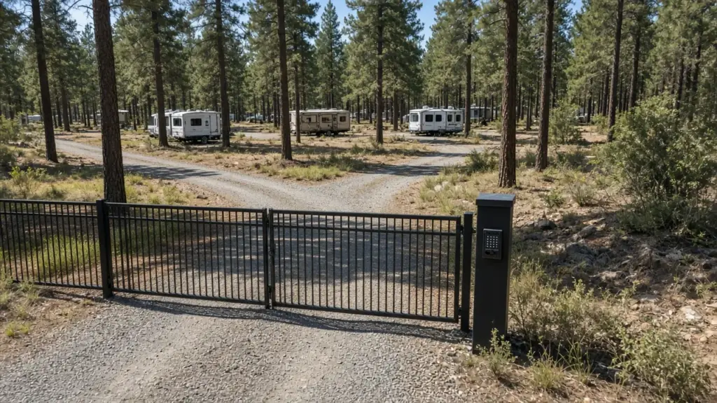 A black metal security gate at the entrance of a small RV park