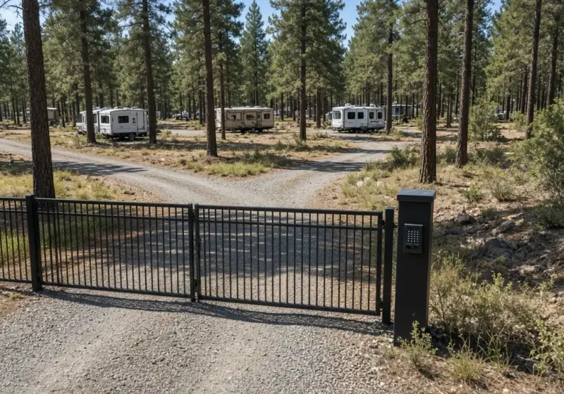 A black metal security gate at the entrance of a small RV park