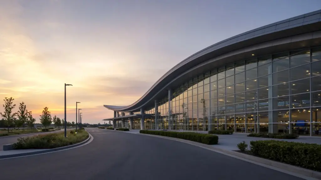 An airport terminal exterior at dawn viewed from the approach road