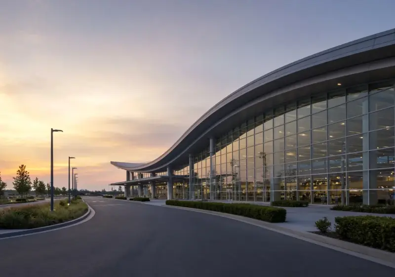 An airport terminal exterior at dawn viewed from the approach road