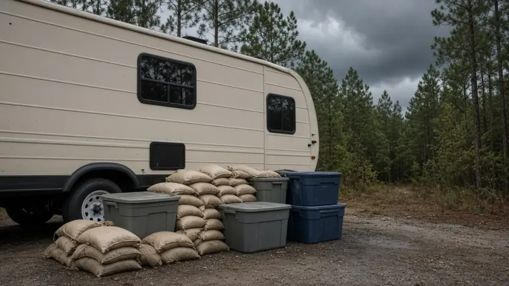 Sandbags and storage bins stacked beside a travel trailer under gray skies