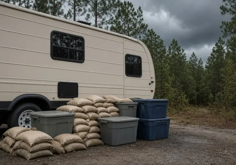 Sandbags and storage bins stacked beside a travel trailer under gray skies