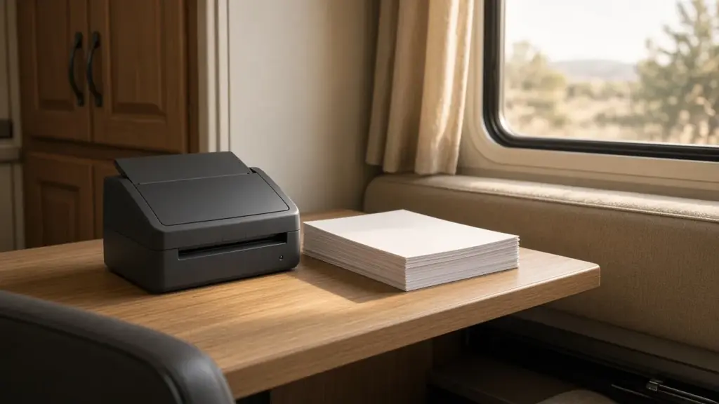 A scanner and a neat stack of papers on an RV desk