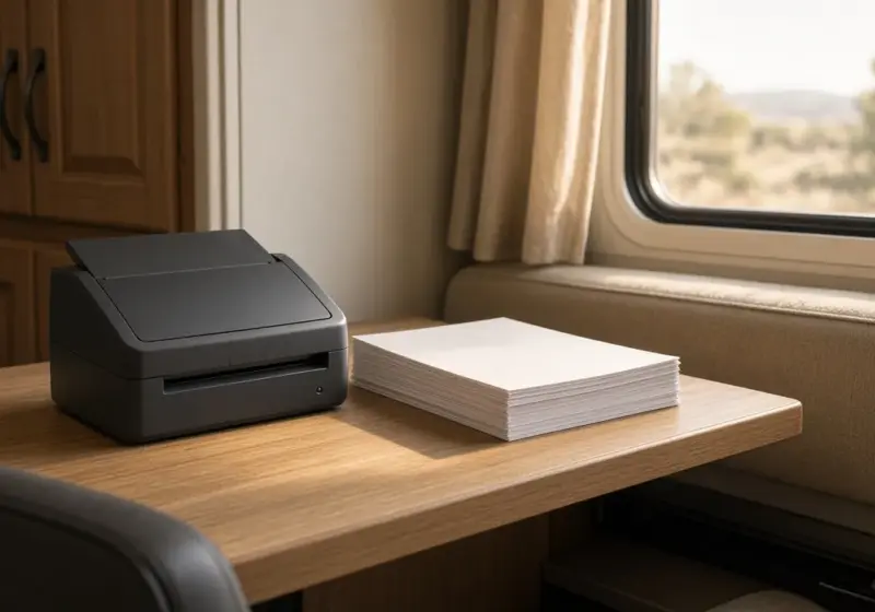 A scanner and a neat stack of papers on an RV desk