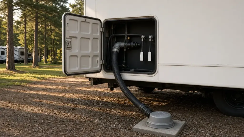 An RV gray tank valve handle in the utility bay