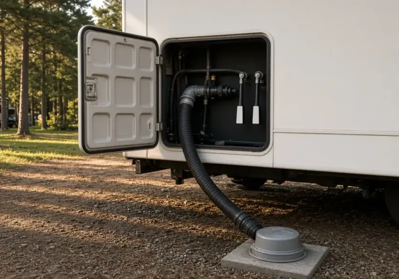 An RV gray tank valve handle in the utility bay