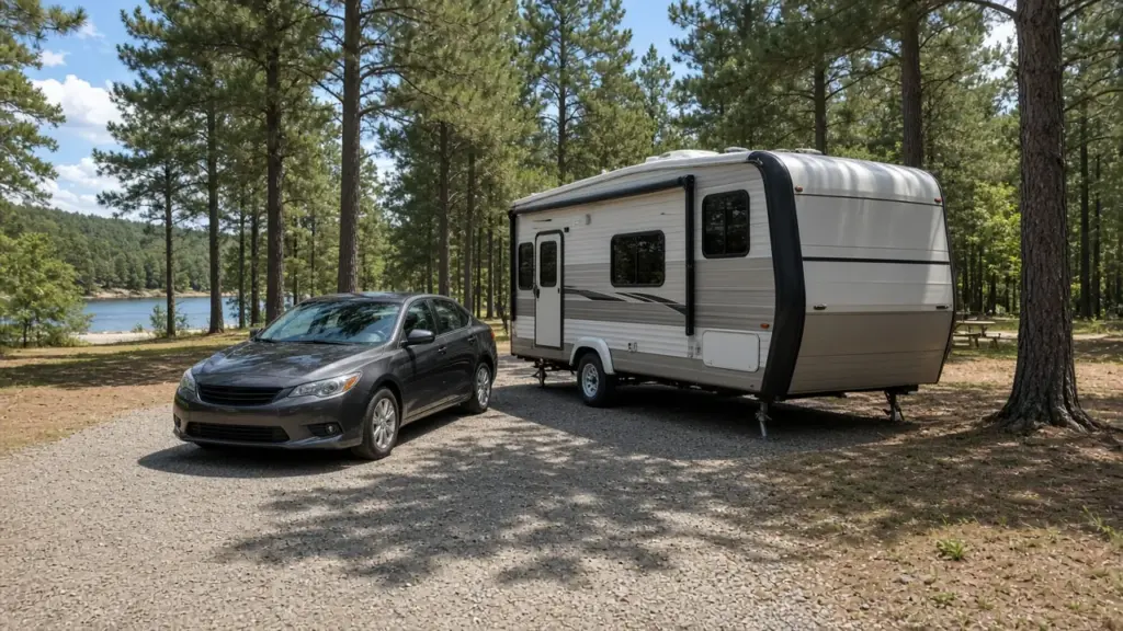 A visitor car parked beside an RV