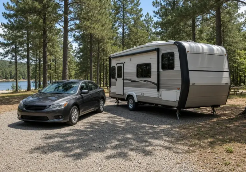 A visitor car parked beside an RV