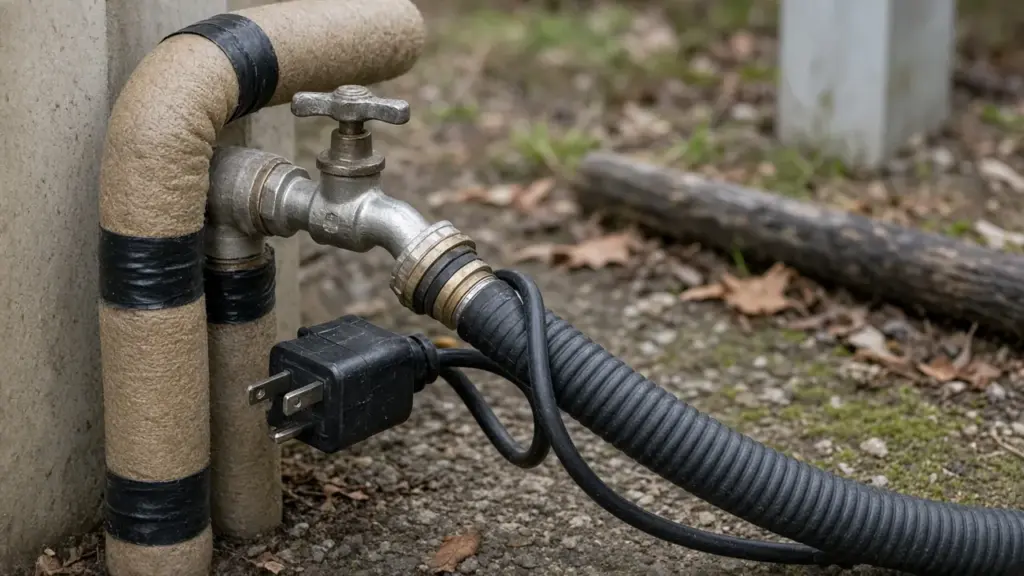 A heated water hose connected to an RV spigot with insulation wrap
