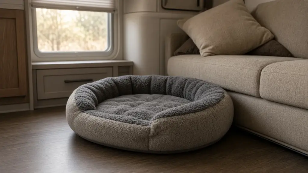 A dog bed tucked beside an RV sofa