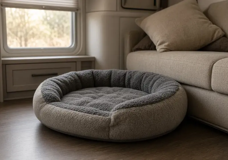 A dog bed tucked beside an RV sofa