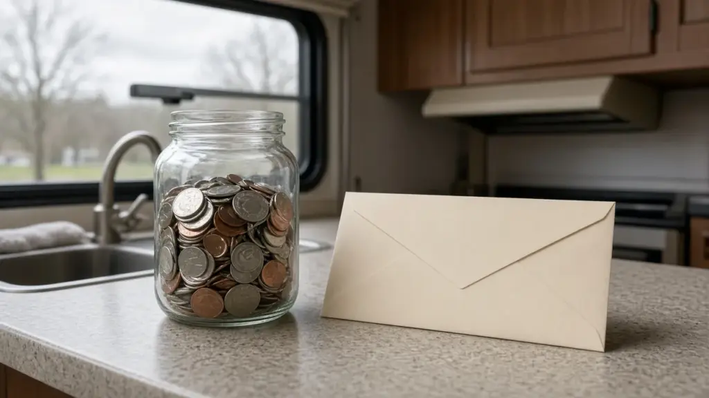 A jar of coins and an envelope on an RV counter