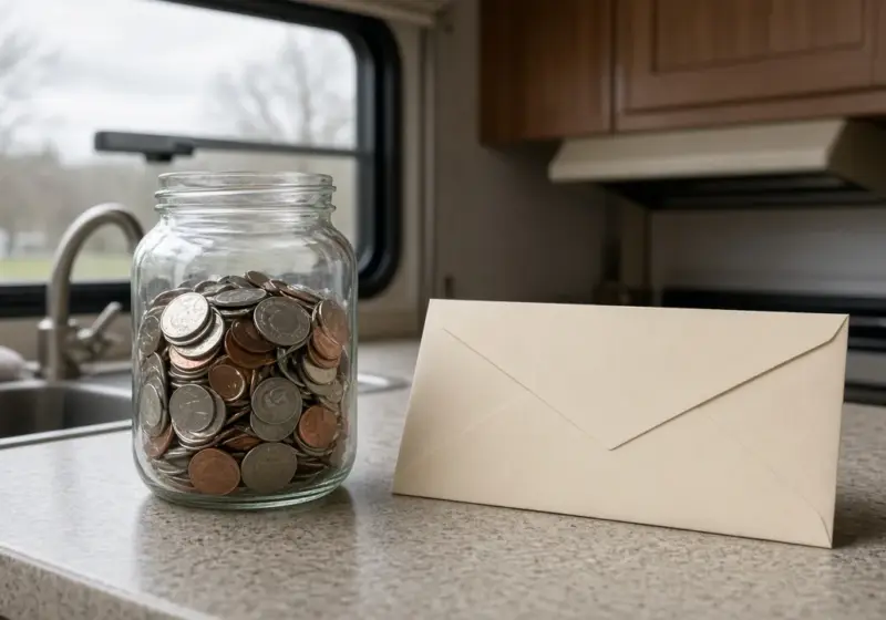 A jar of coins and an envelope on an RV counter