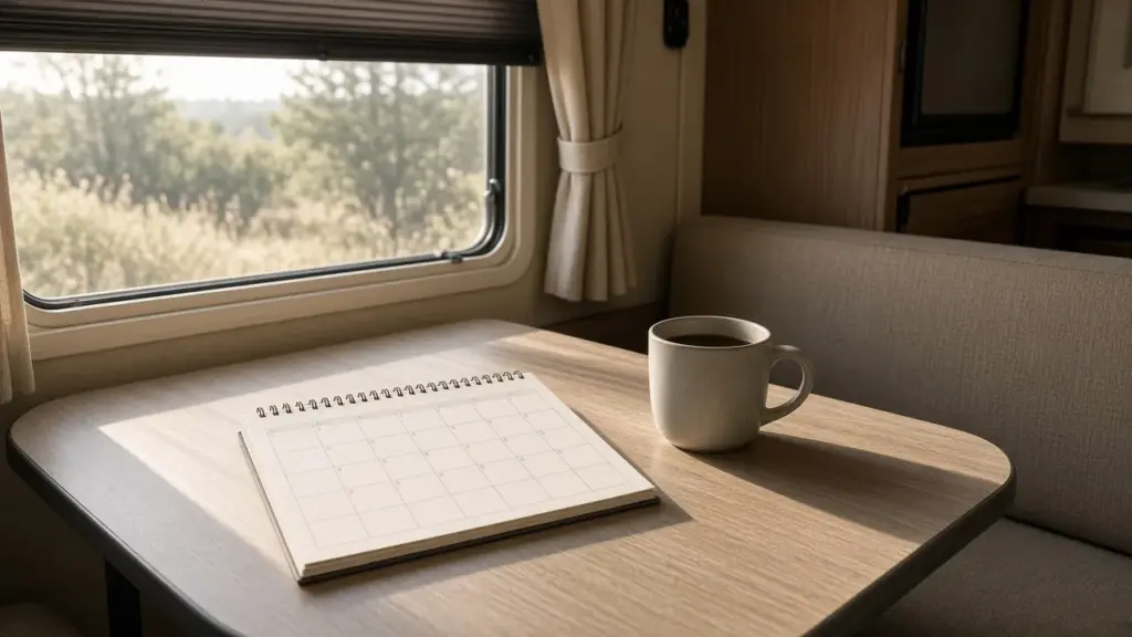 A wall calendar and a coffee mug on a small RV dinette table by a window
