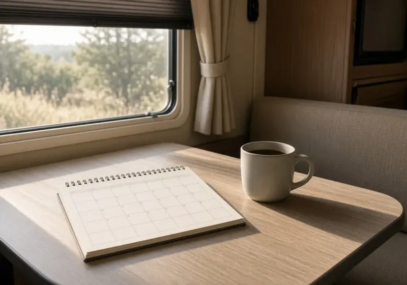 A wall calendar and a coffee mug on a small RV dinette table by a window