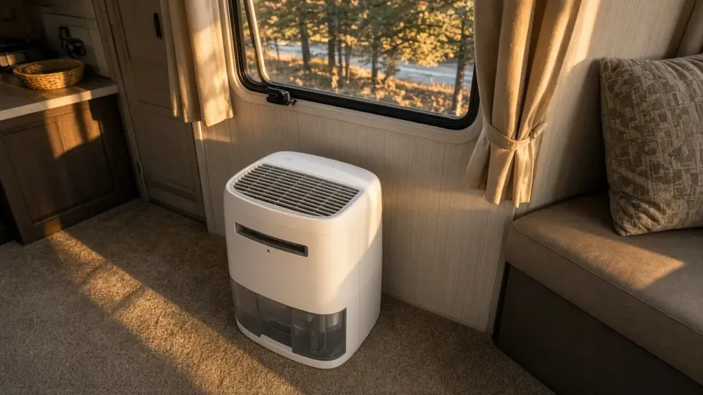 A dehumidifier running inside an RV with a window slightly open